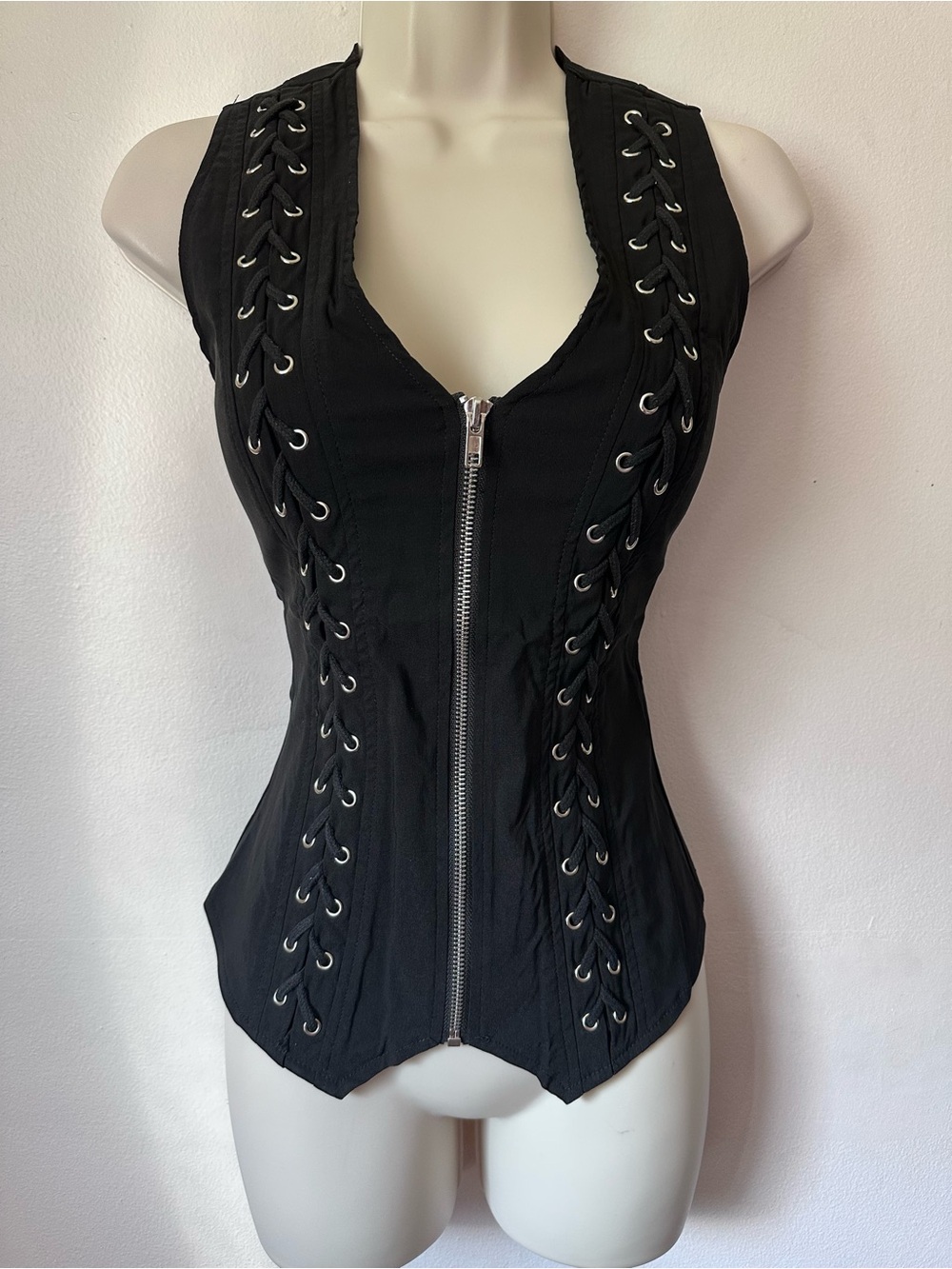 Black Lace-Up Zip Front Corset Top